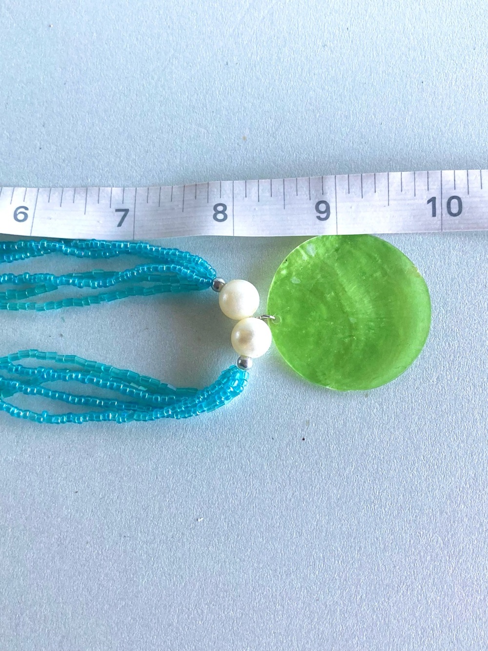 Blue seas Beaded Necklace with Green shell like Pendant - Picture 7 of 7